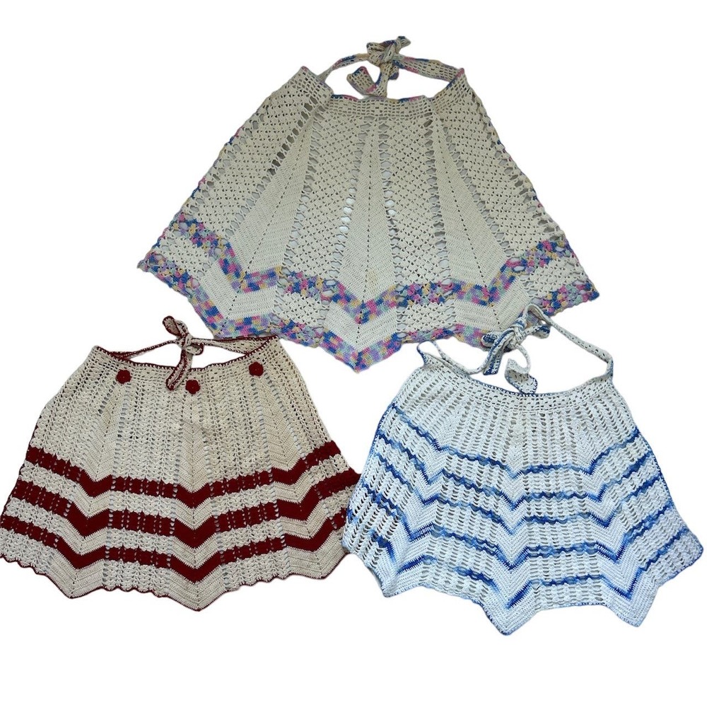 Handmade Vintage Cottagecore Crochet Aprons Set of 3 One Of A Kind0